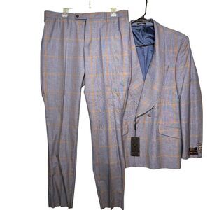 Mario Casas Suit Mens 54 Wool Blue Plaid Blazer Pants Set Super 200s Italy
